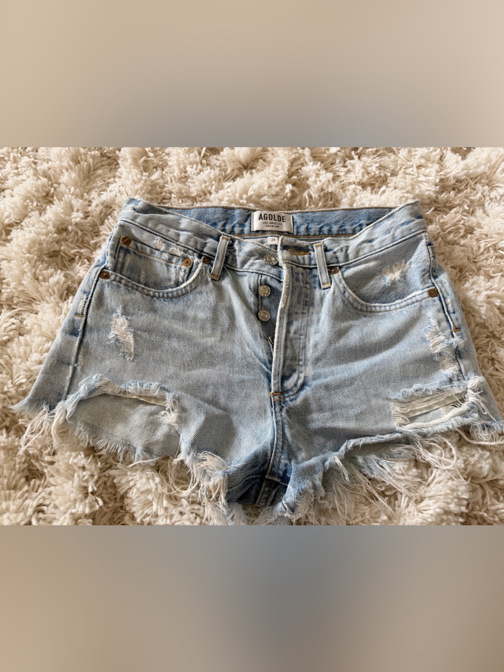 Agolde Light Blue Distressed Denim Jean Shorts